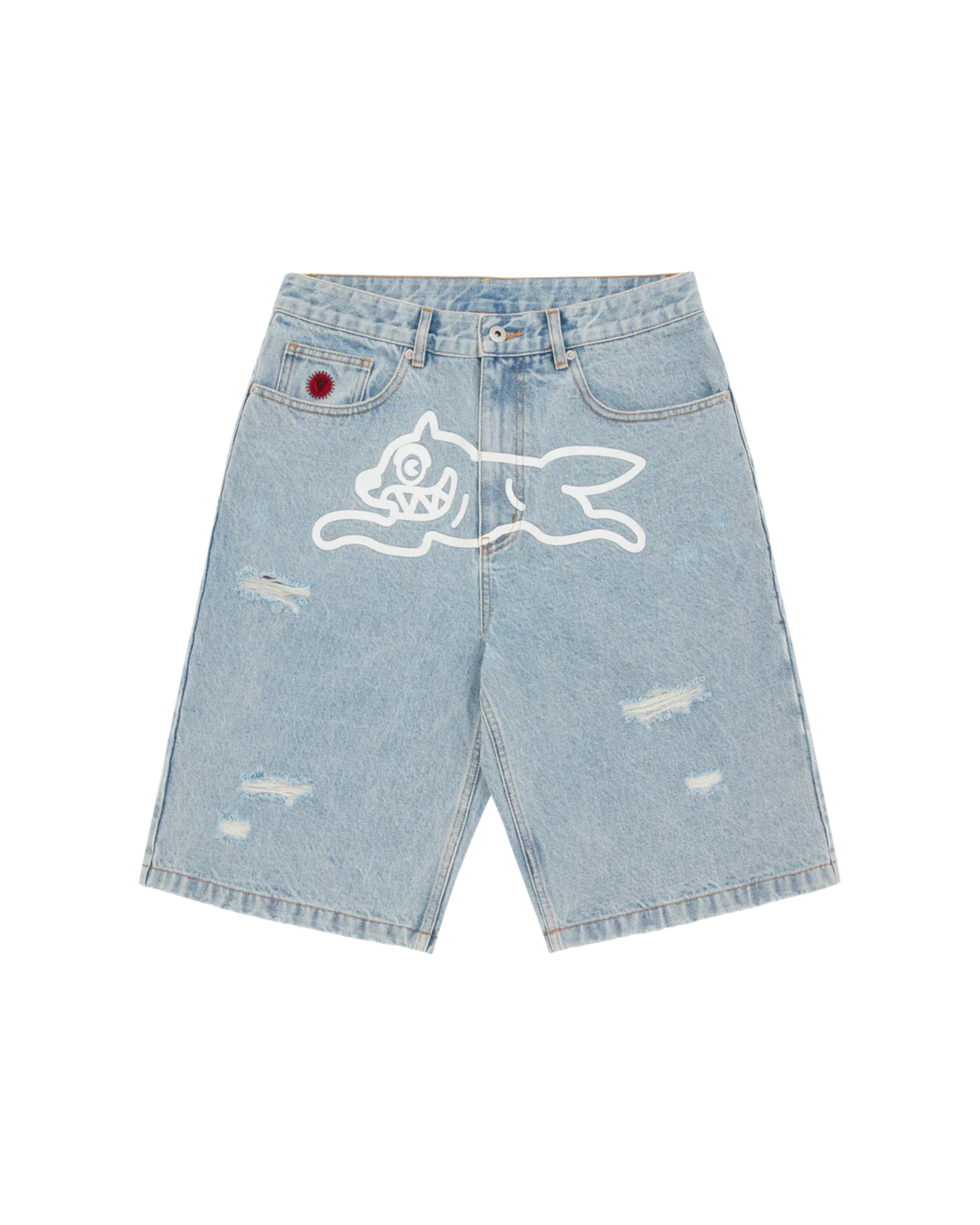 Ice Cream Dog-Motif Denim Shorts - "Heavy Wash Blue"