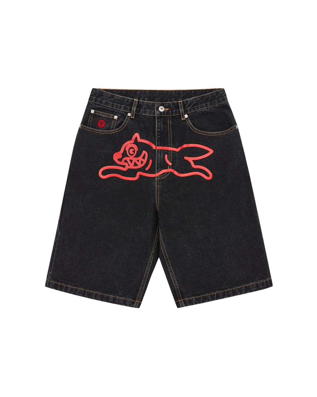 Ice Cream Dog-Motif Denim Shorts - "Black/Red"