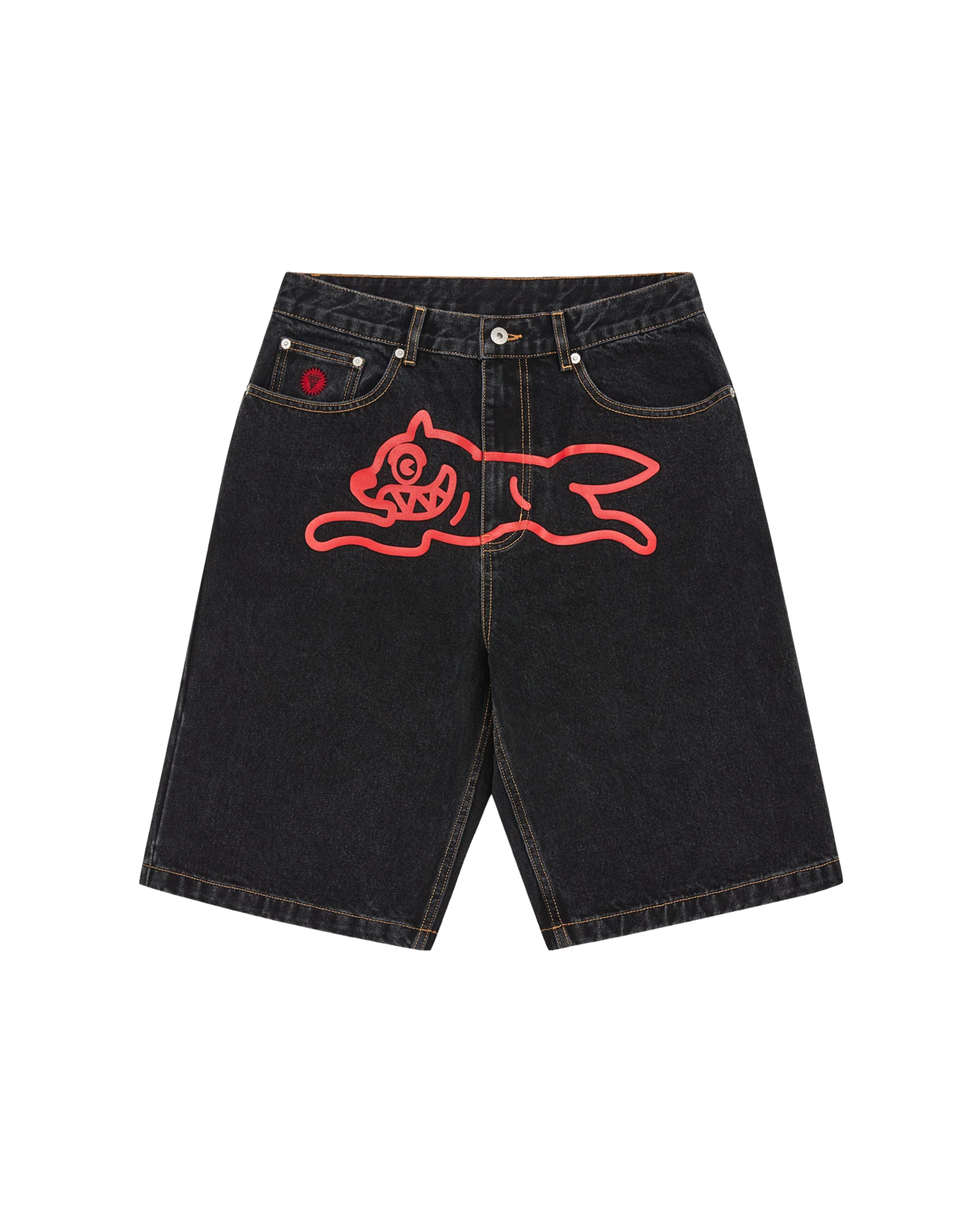 Ice Cream Dog-Motif Denim Shorts - "Black/Red"