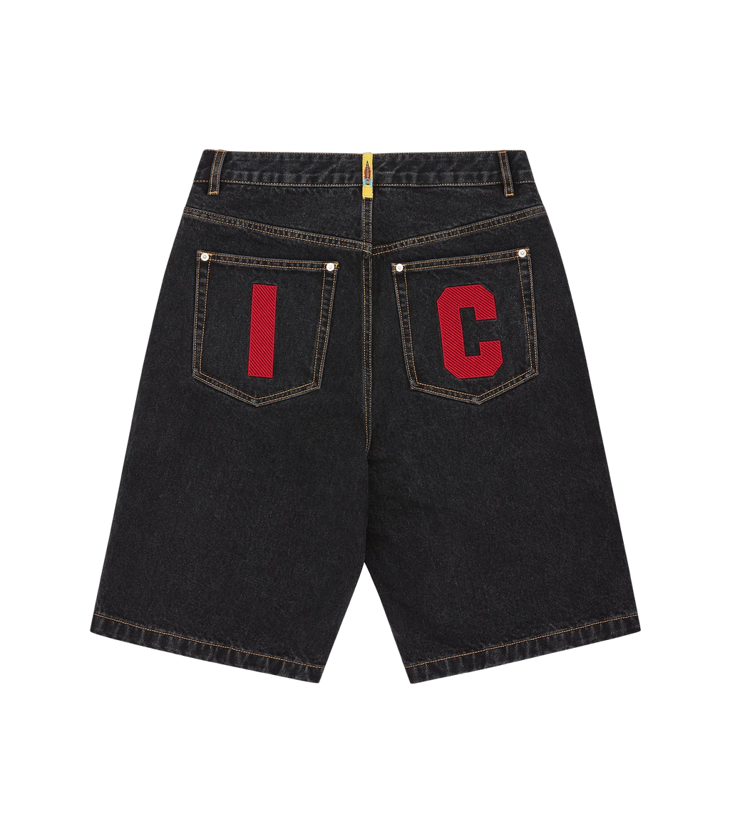 Ice Cream Dog-Motif Denim Shorts - "Black/Red"